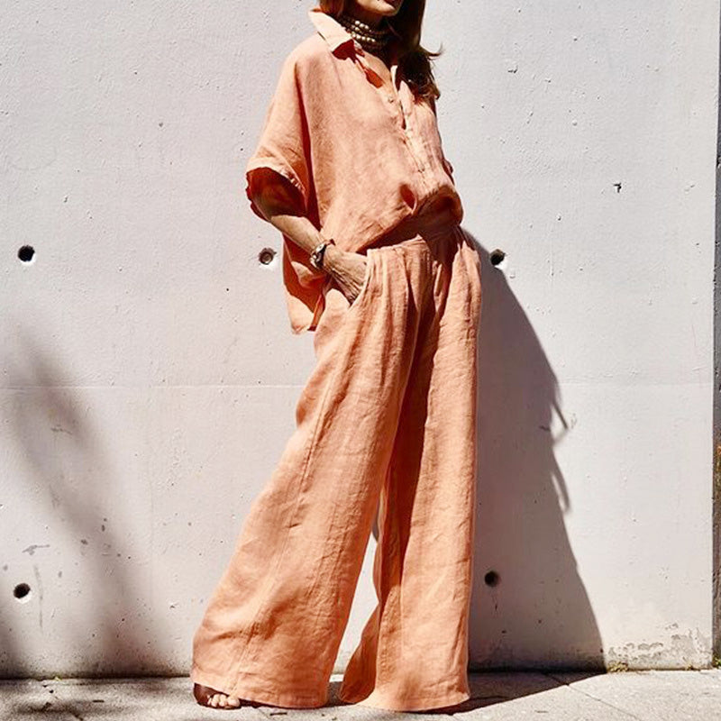 Moteriškas laisvalaikio dviejų dalių komplektas iš medvilnės ir lino-LT