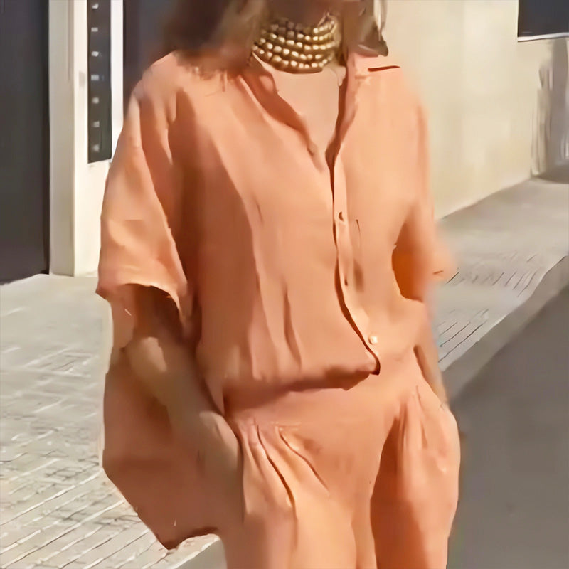 Moteriškas laisvalaikio dviejų dalių komplektas iš medvilnės ir lino-LT