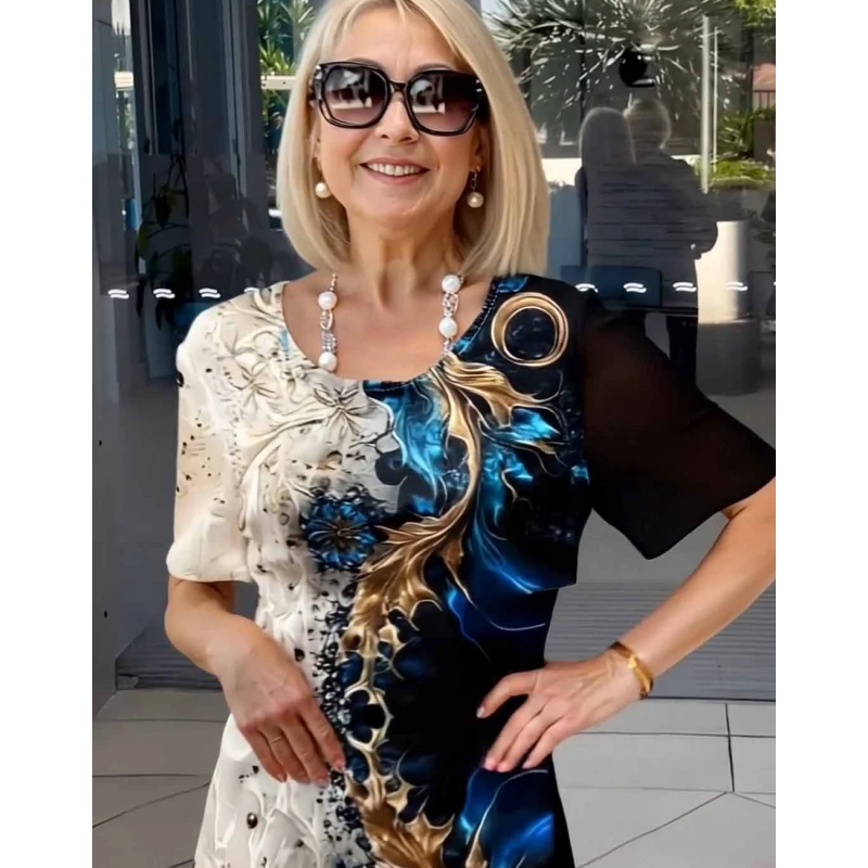 👗 Dāmu vasaras ziedu raksta apaļa kakla izgriezuma A-līnijas kleita ar īsām piedurknēm-LV