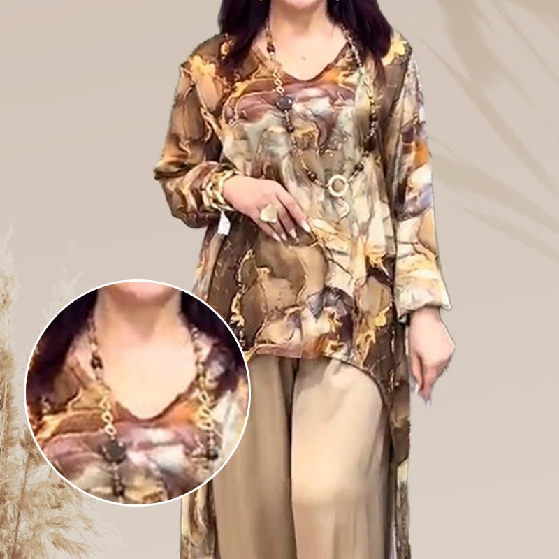 ❤️Moteriškas dviejų dalių komplektas su madinga spausdinta palaidine ir kelnėmis-LT