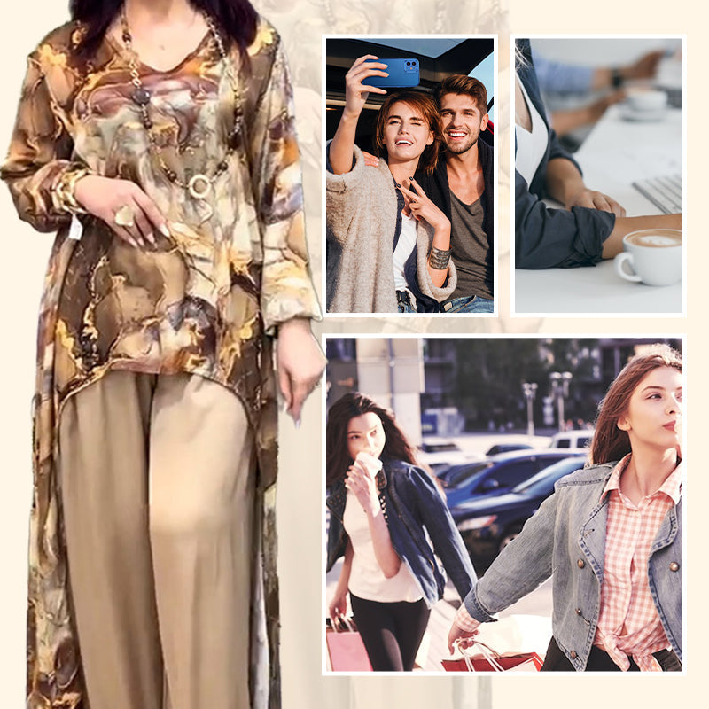 ❤️Moteriškas dviejų dalių komplektas su madinga spausdinta palaidine ir kelnėmis-LT