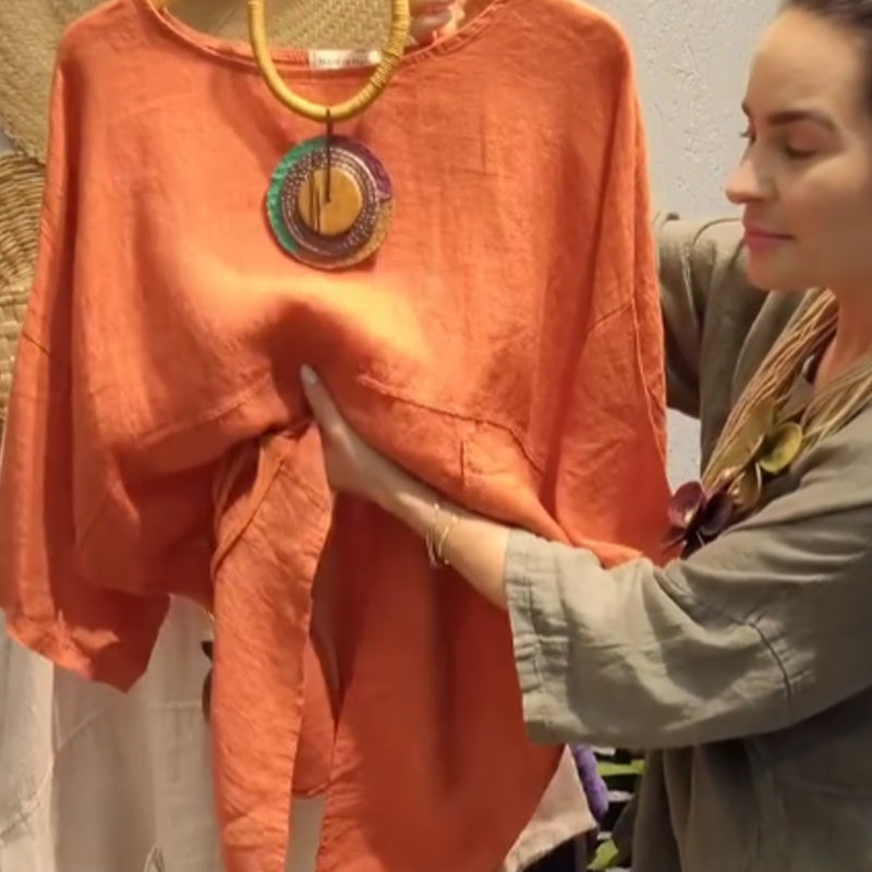 ✨Lininis viršus su šoninėmis kišenėmis moterims, laisvo kirpimo-LT