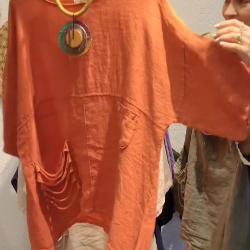 ✨Lininis viršus su šoninėmis kišenėmis moterims, laisvo kirpimo-LT