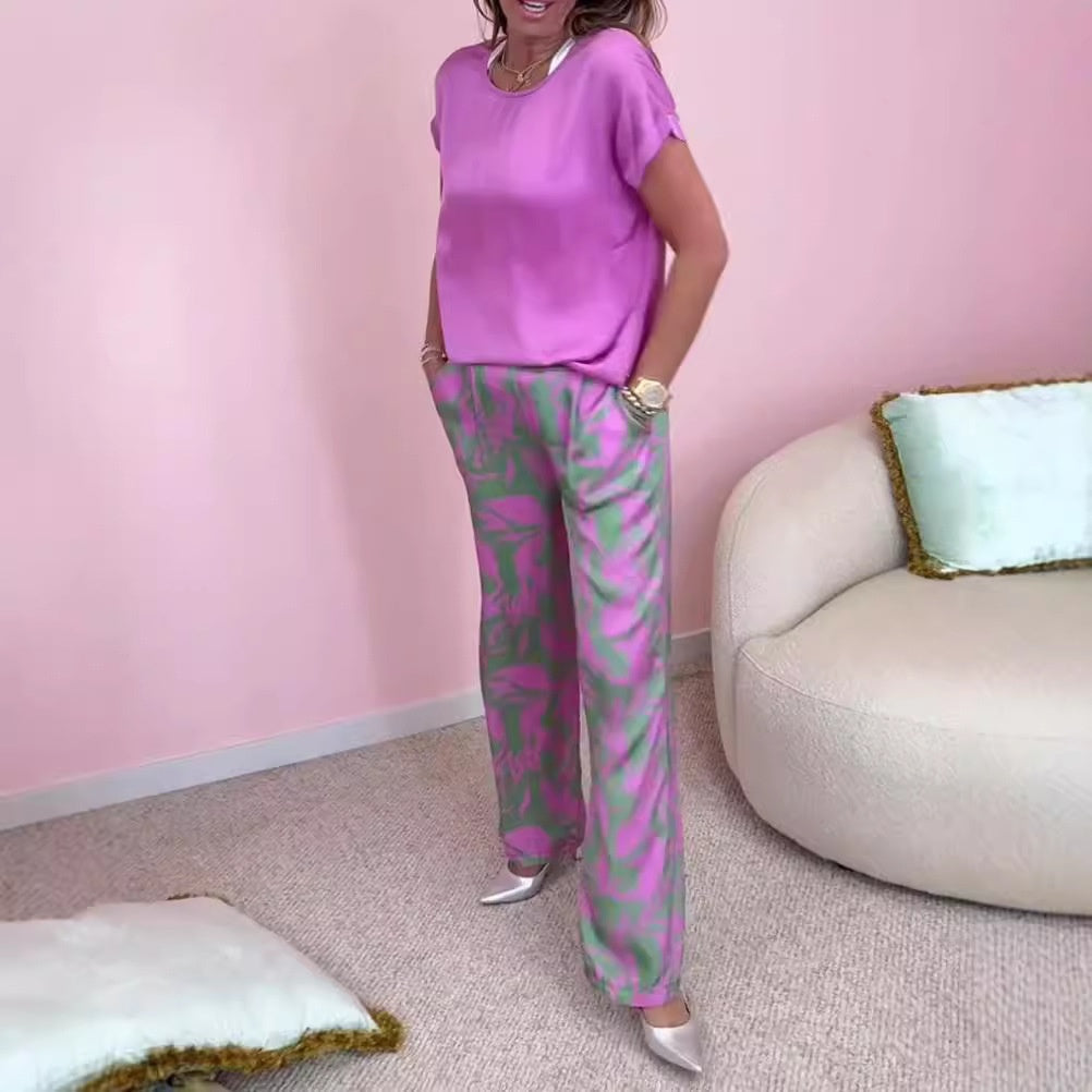 🎉【S-4XL】💝Dvodelni komplet - top z okroglim izrezom in široke hlače s potiskom-SI