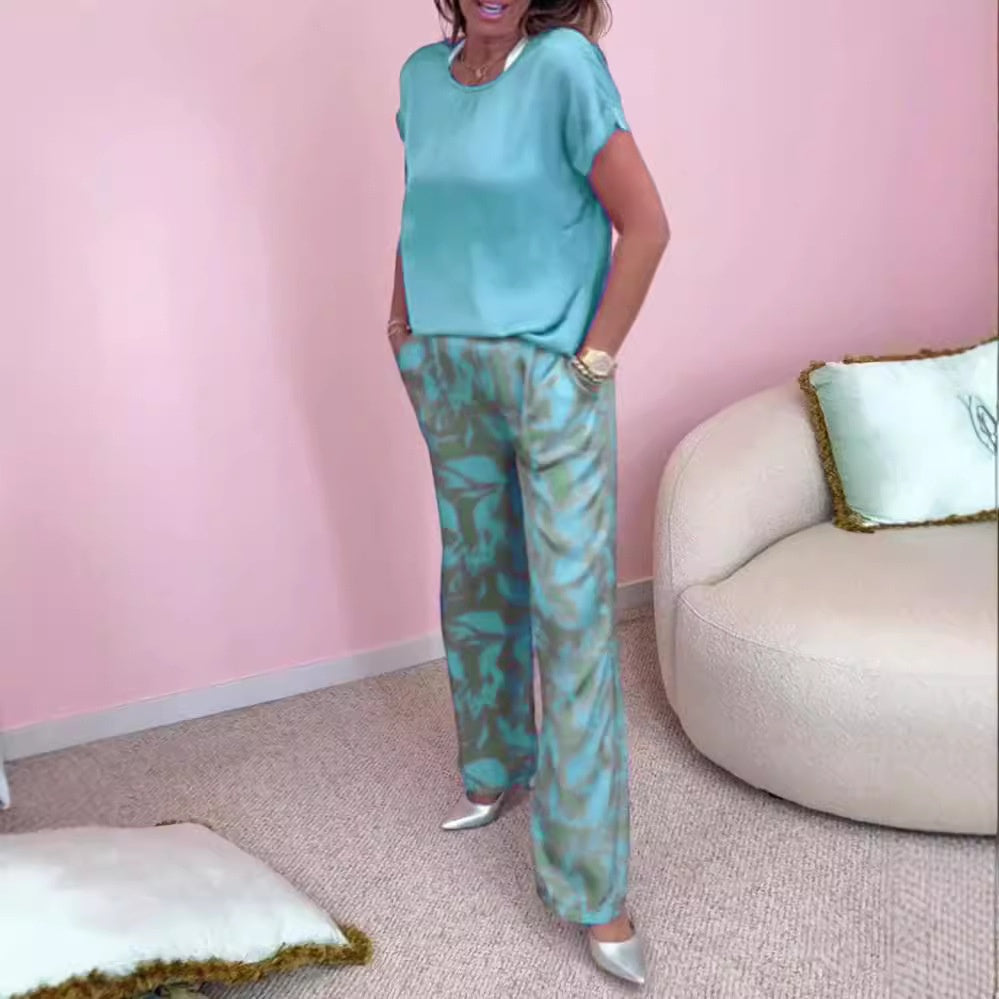 🎉【S-4XL】💝Dvodelni komplet - top z okroglim izrezom in široke hlače s potiskom-SI