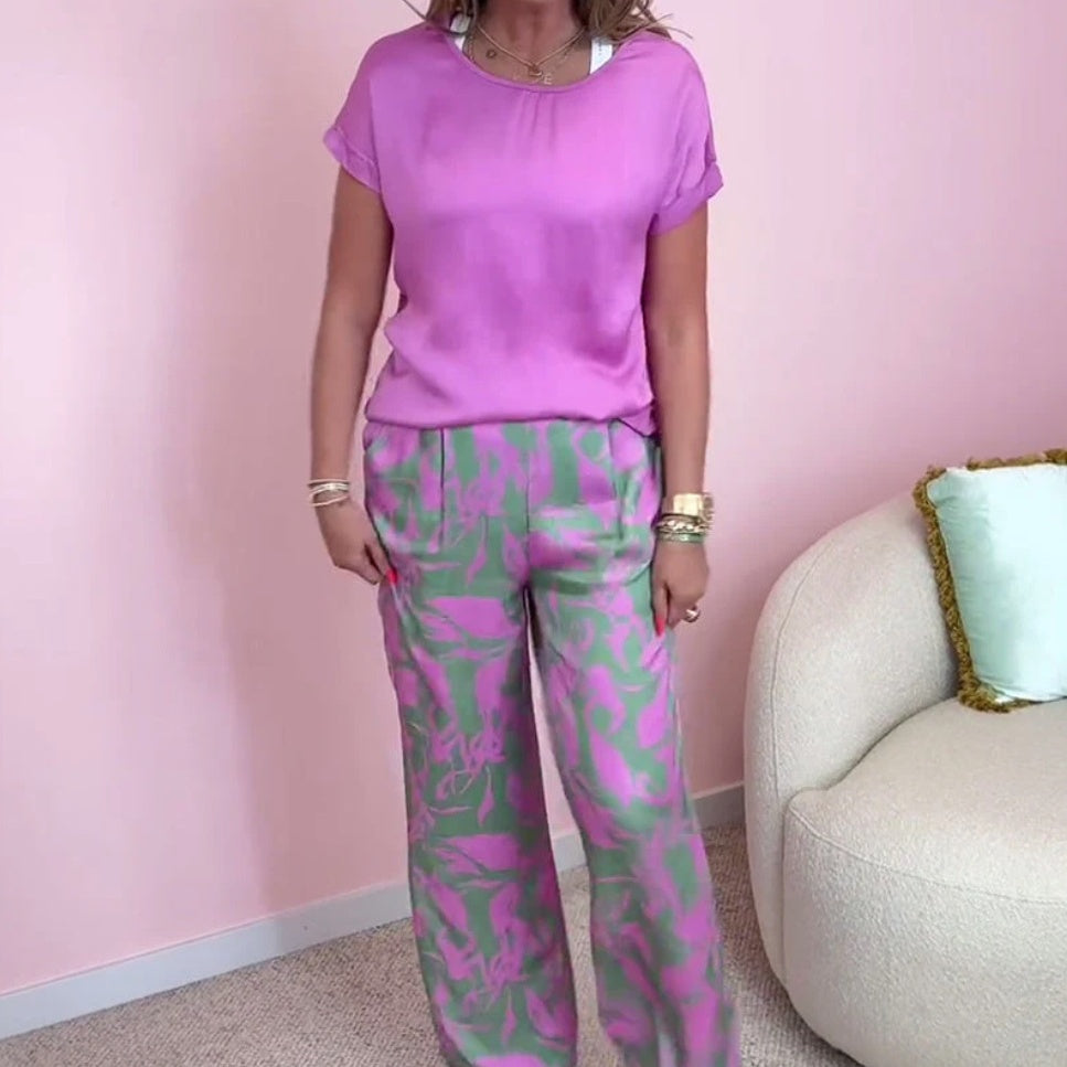 🎉【S-4XL】💝Dvodelni komplet - top z okroglim izrezom in široke hlače s potiskom-SI