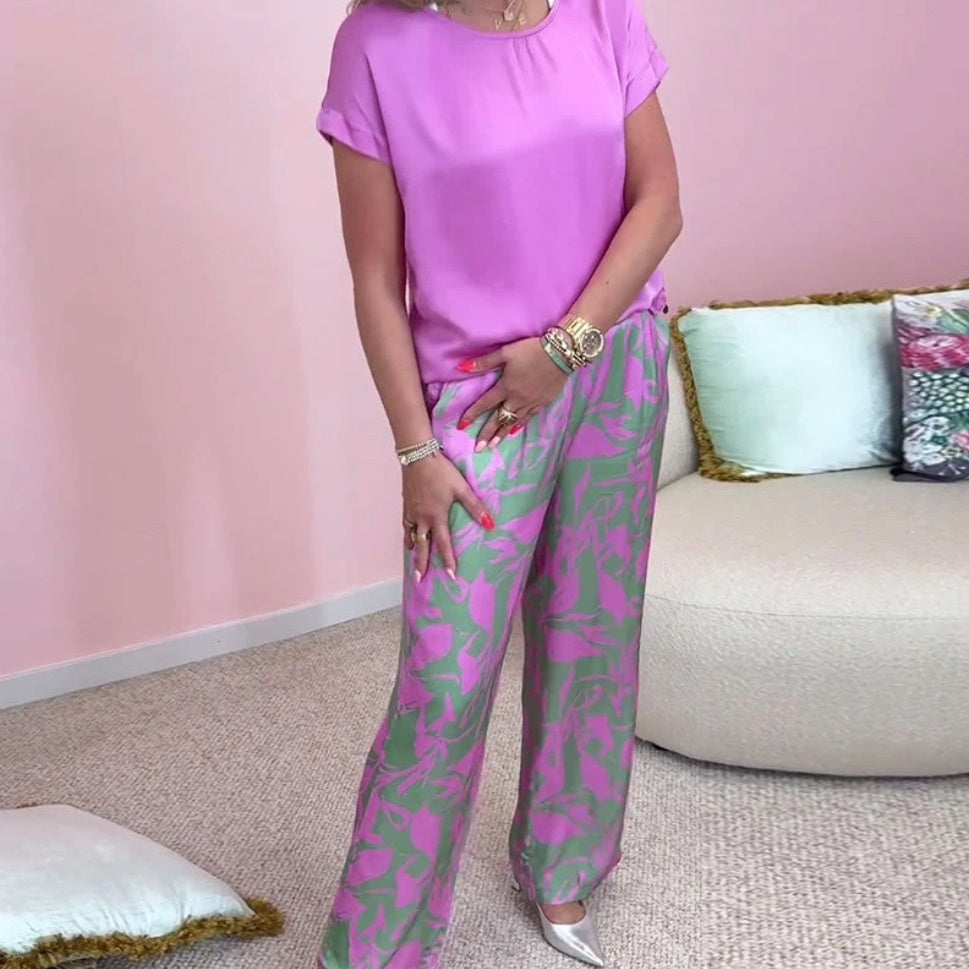 🎉【S-4XL】💝Dvodelni komplet - top z okroglim izrezom in široke hlače s potiskom-SI