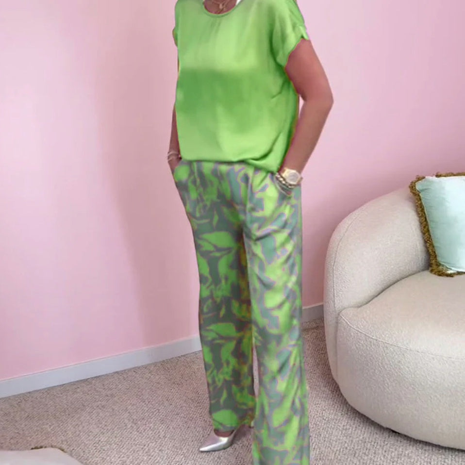 🎉【S-4XL】💝Dvodelni komplet - top z okroglim izrezom in široke hlače s potiskom-SI