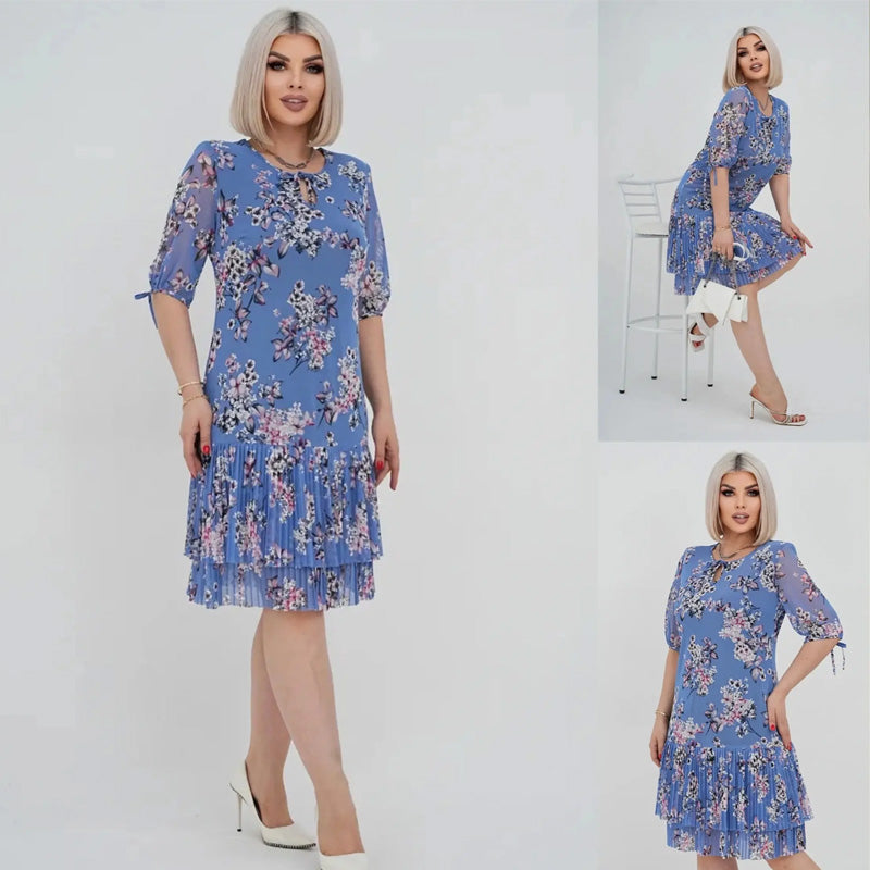 Elegantiška moteriška ilga suknelė trumpomis rankovėmis, klostuota-LT