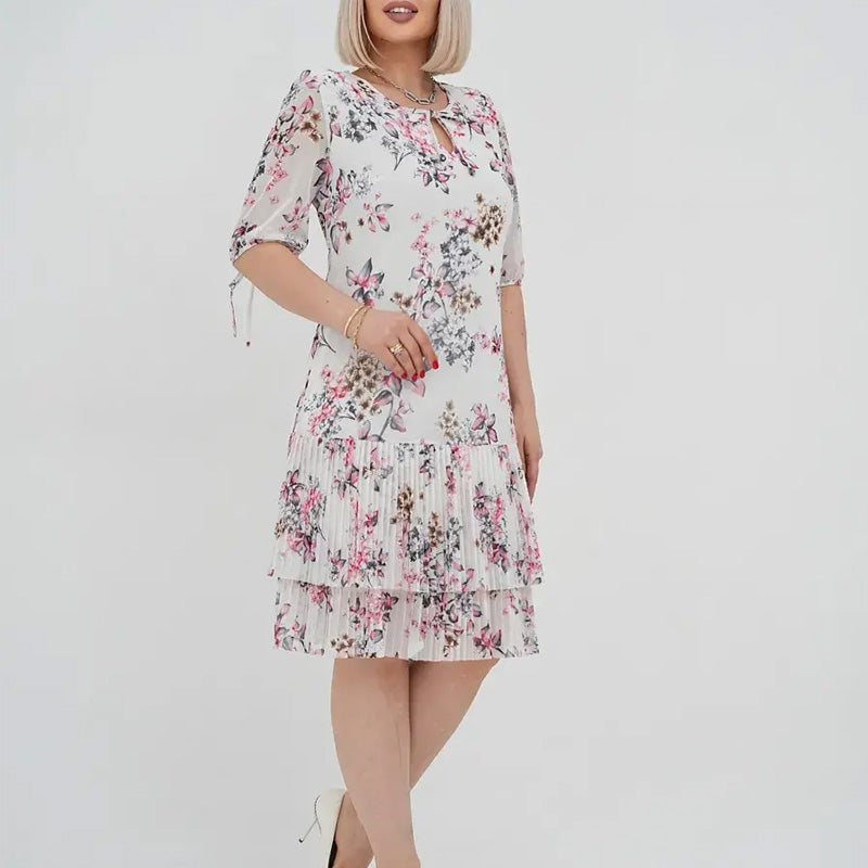 Elegantiška moteriška ilga suknelė trumpomis rankovėmis, klostuota-LT