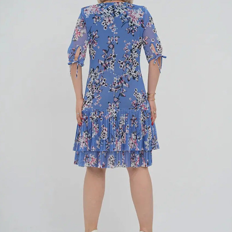 Elegantiška moteriška ilga suknelė trumpomis rankovėmis, klostuota-LT