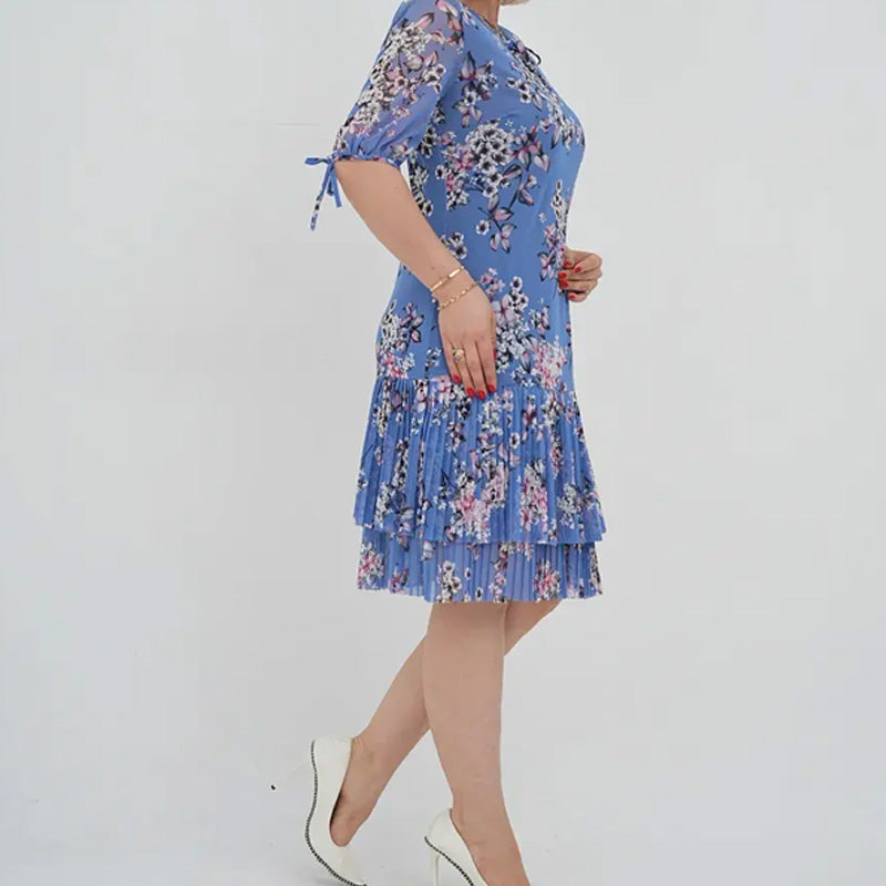 Elegantiška moteriška ilga suknelė trumpomis rankovėmis, klostuota-LT