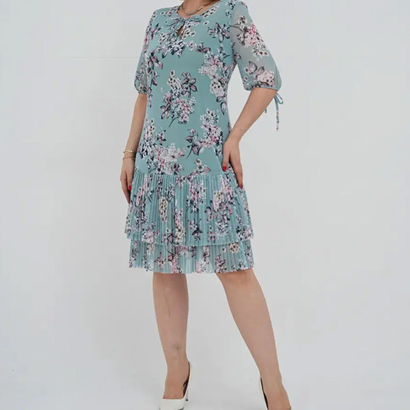 Elegantiška moteriška ilga suknelė trumpomis rankovėmis, klostuota-LT