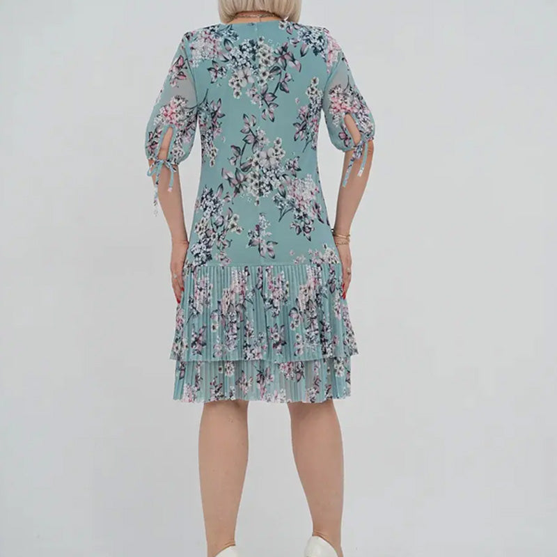 Elegantiška moteriška ilga suknelė trumpomis rankovėmis, klostuota-LT