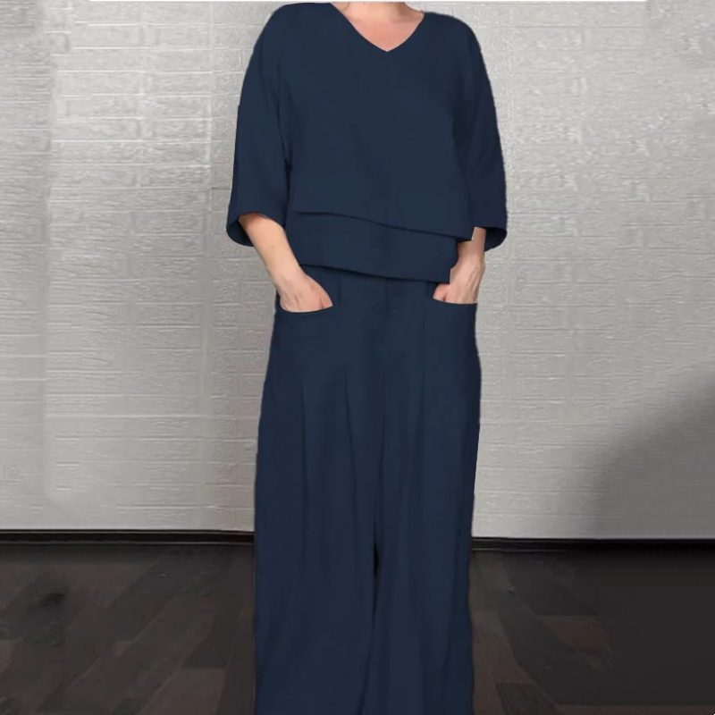 Netaisyklingo apvado medvilninis lininis trumpomis rankovėmis dviejų dalių komplektas-LT