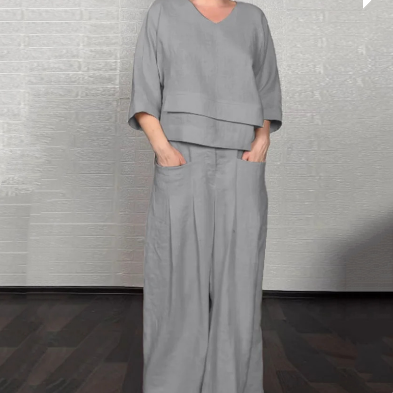 Netaisyklingo apvado medvilninis lininis trumpomis rankovėmis dviejų dalių komplektas-LT