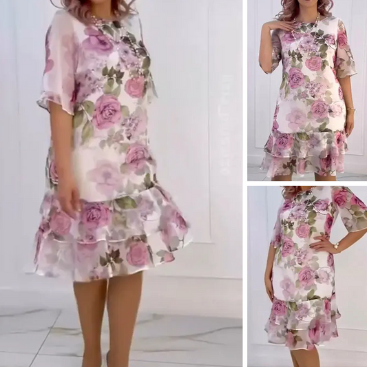 🌺Vestido de gasa rosa con volantes-ES