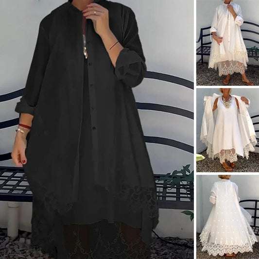 🌸🎗️Moteriška berankovė suknelė ir nėriniuotas megztinis-LT