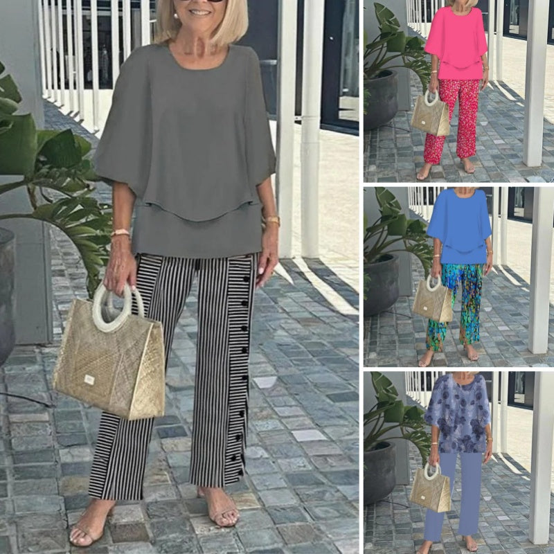 Conjunto de pantalón estampado de manga corta y cuello redondo casual para mujer-ES