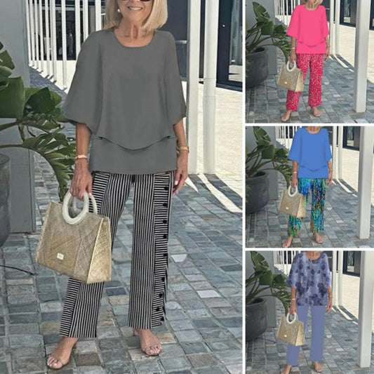 Conjunto de pantalón estampado de manga corta y cuello redondo casual para mujer-ES