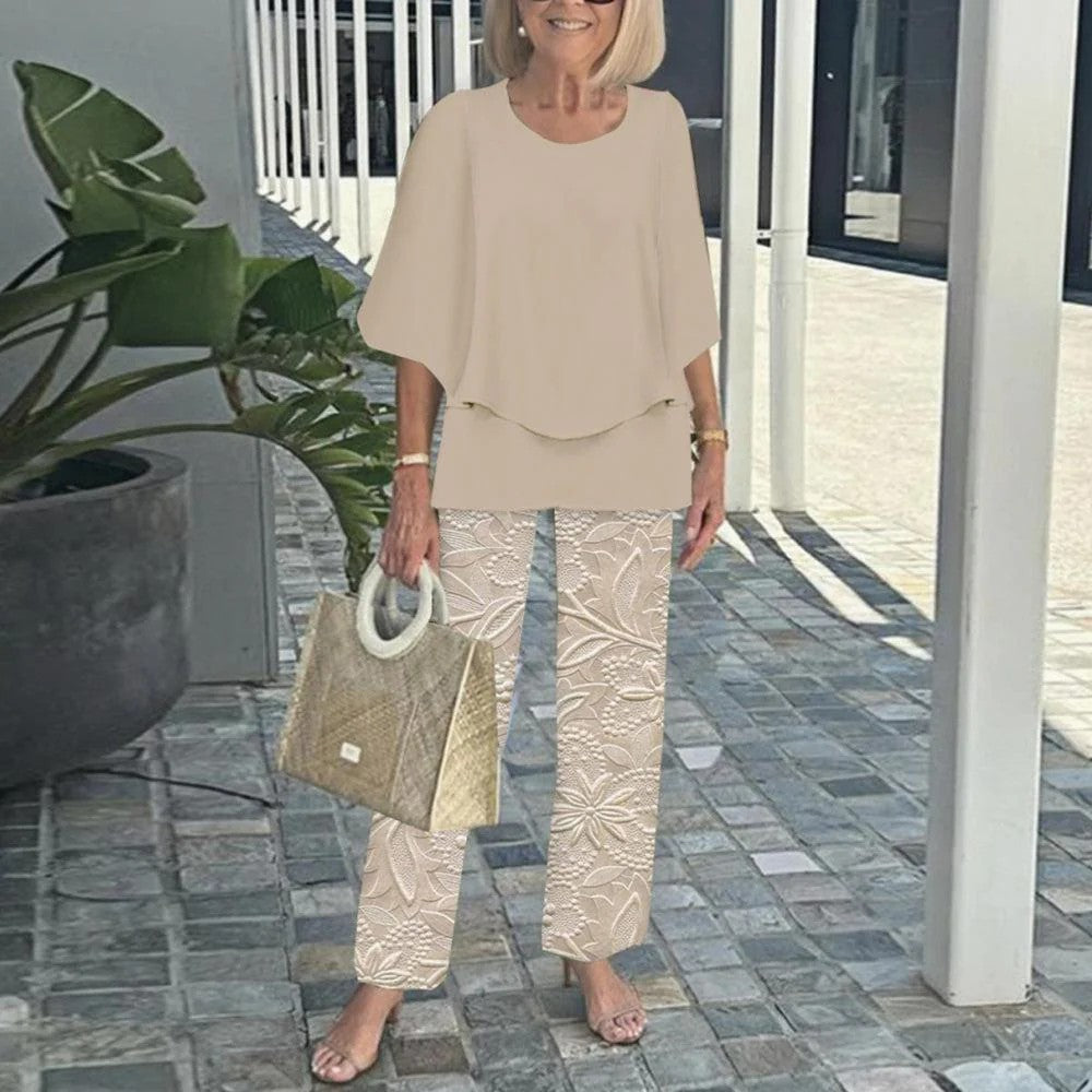 Conjunto de pantalón estampado de manga corta y cuello redondo casual para mujer-ES