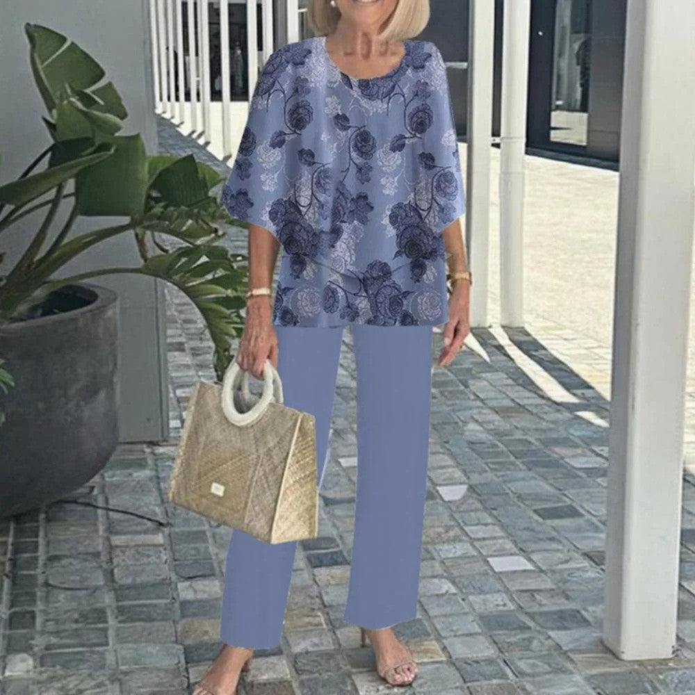 Conjunto de pantalón estampado de manga corta y cuello redondo casual para mujer-ES