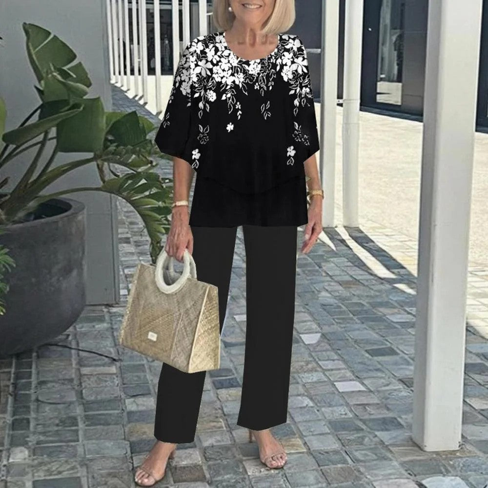 Conjunto de pantalón estampado de manga corta y cuello redondo casual para mujer-ES