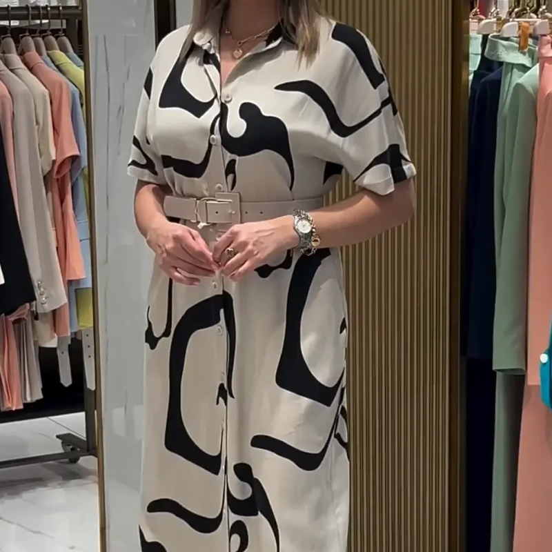 Moteriška marginta trumpomis rankovėmis ilga suknelė-LT