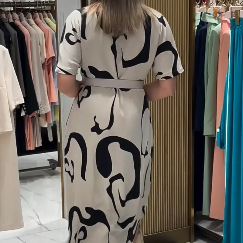 Moteriška marginta trumpomis rankovėmis ilga suknelė-LT