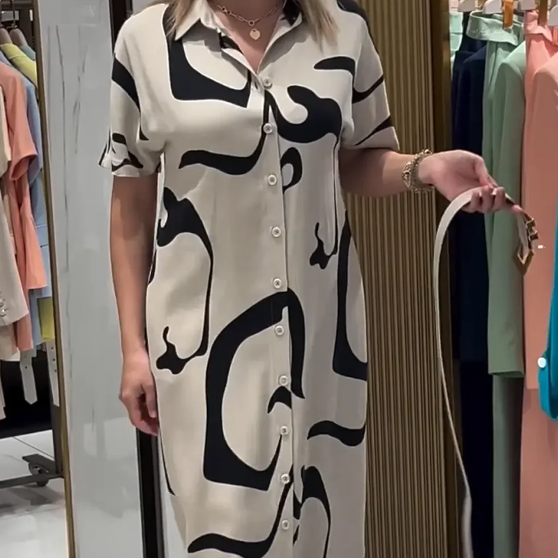 Moteriška marginta trumpomis rankovėmis ilga suknelė-LT