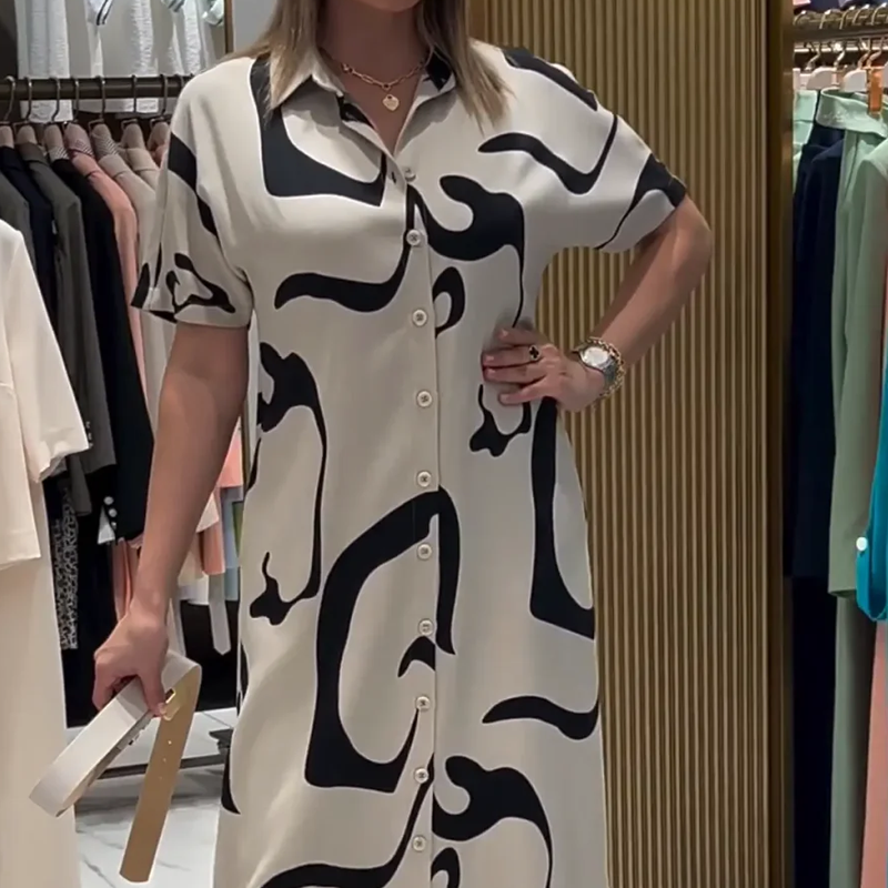 Moteriška marginta trumpomis rankovėmis ilga suknelė-LT