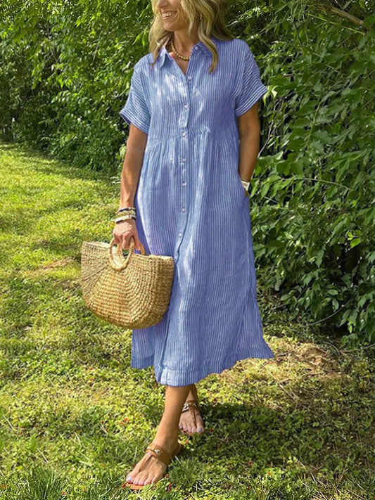 🔥👗Vestido camisero de rayas con solapas y botones | Con bolsillos funcionales-ES