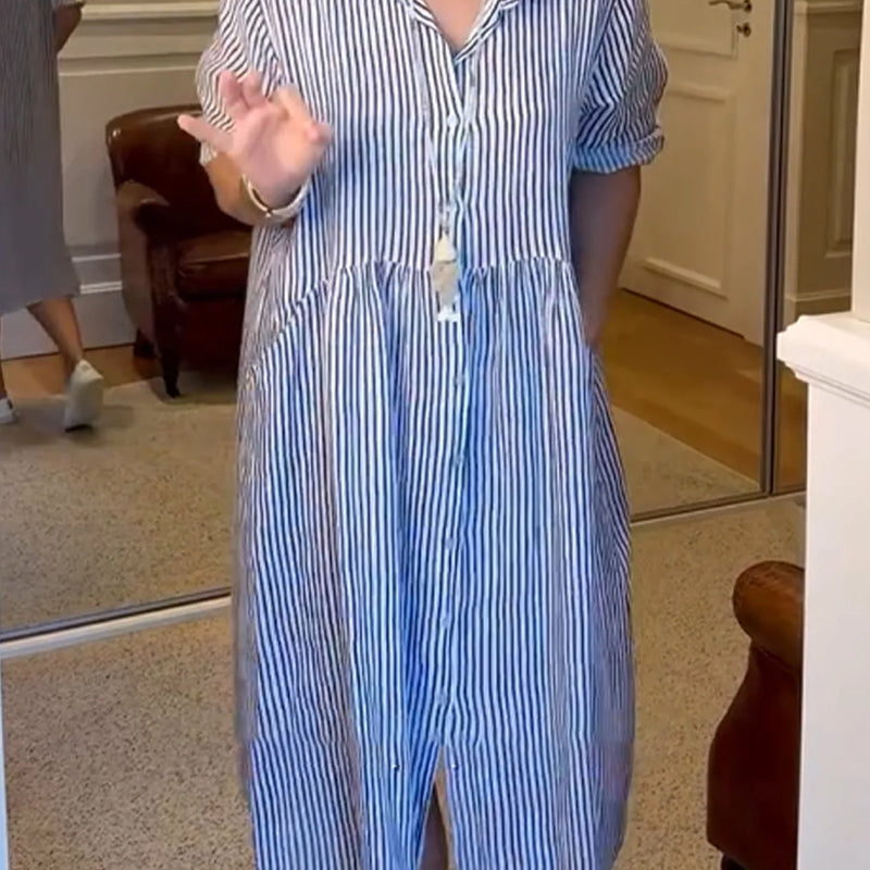 🔥👗Vestido camisero de rayas con solapas y botones | Con bolsillos funcionales-ES