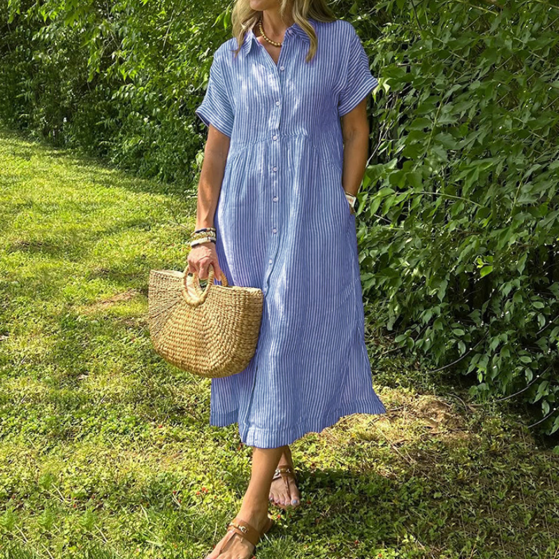 🔥👗Vestido camisero de rayas con solapas y botones | Con bolsillos funcionales-ES