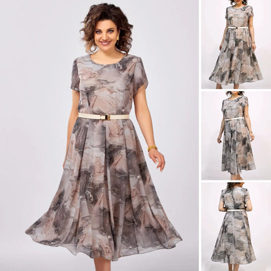 Moteriška elegantiška apvalia kaklo trumpomis rankovėmis midi suknelė-LT