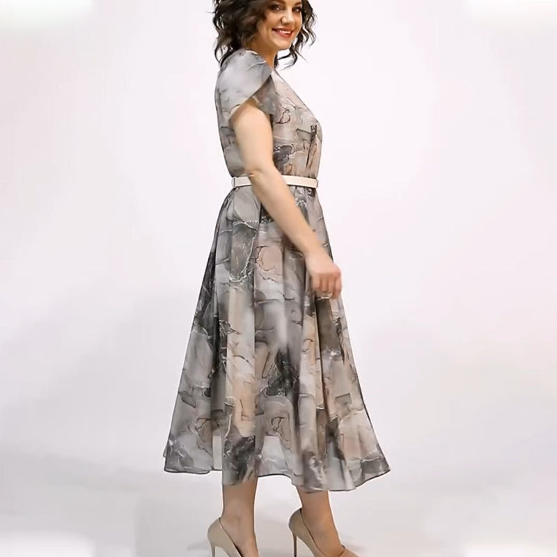 Moteriška elegantiška apvalia kaklo trumpomis rankovėmis midi suknelė-LT