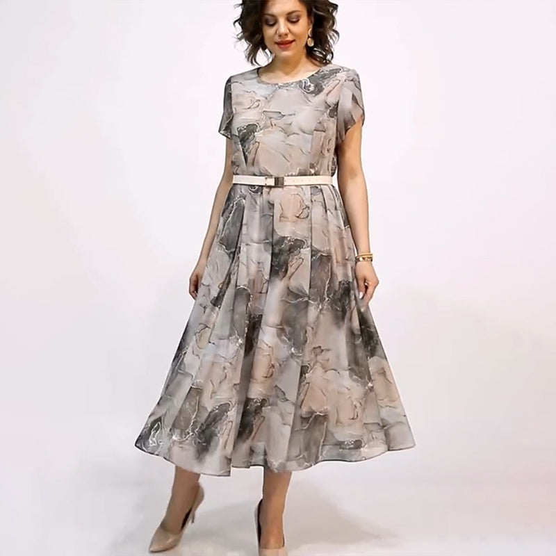 Moteriška elegantiška apvalia kaklo trumpomis rankovėmis midi suknelė-LT