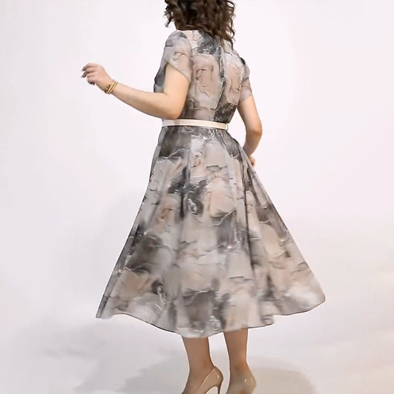 Moteriška elegantiška apvalia kaklo trumpomis rankovėmis midi suknelė-LT