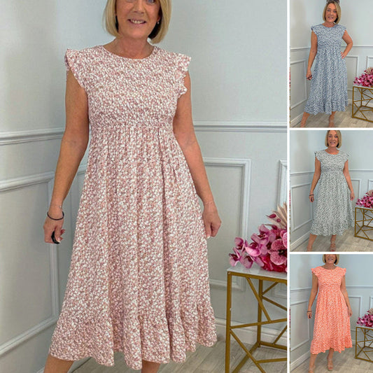 Elegante vestido floral de mujer con cintura alta y volante en la manga.-ES