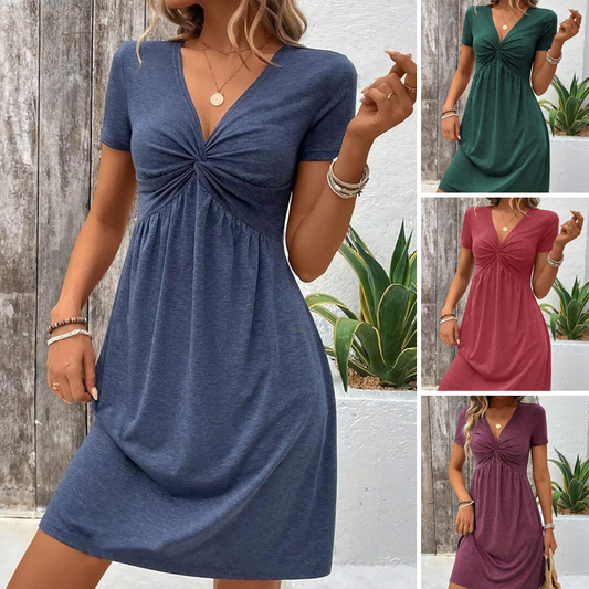 【S-2XL】👗Vestido de mujer de manga corta con escote en V-ES