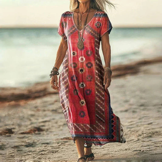 ✨Vestido de mujer con cuello en V y manga corta estampado-ES