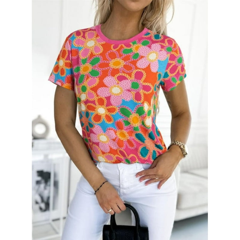 Γυναικείο ροζ μπλουζάκι με φλοράλ τύπωμα-GR