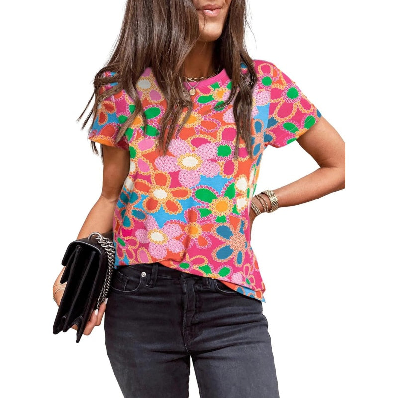 Γυναικείο ροζ μπλουζάκι με φλοράλ τύπωμα-GR