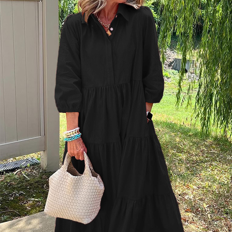 Moteriška laisvo kirpimo suknelė iki kulkšnių su atlapais-LT