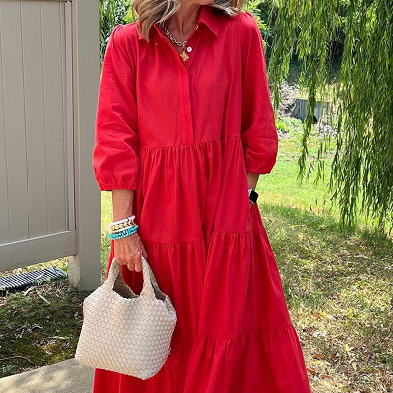 Moteriška laisvo kirpimo suknelė iki kulkšnių su atlapais-LT