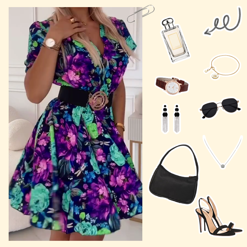 ⏳Περιορισμένη χρονική έκπτωση 50%💥✨Γυναικείο μίνι φόρεμα με V λαιμόκοψη και φλοράλ τύπωμα-GR