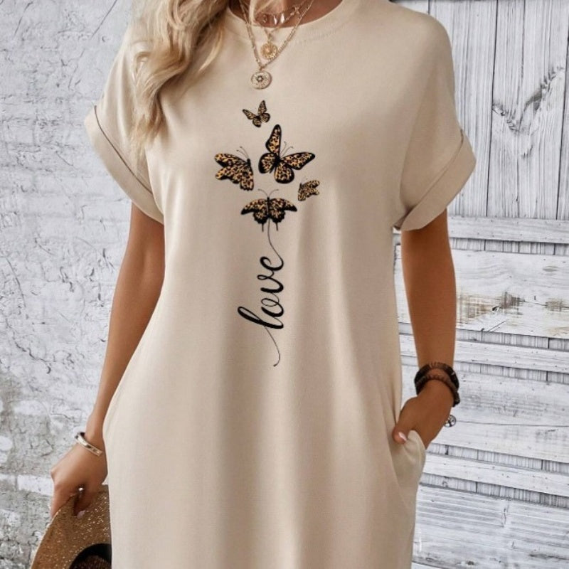 💖 Laisvalaikio suknelė su apvalia iškirpte ir siuvinėtais drugeliais-LT