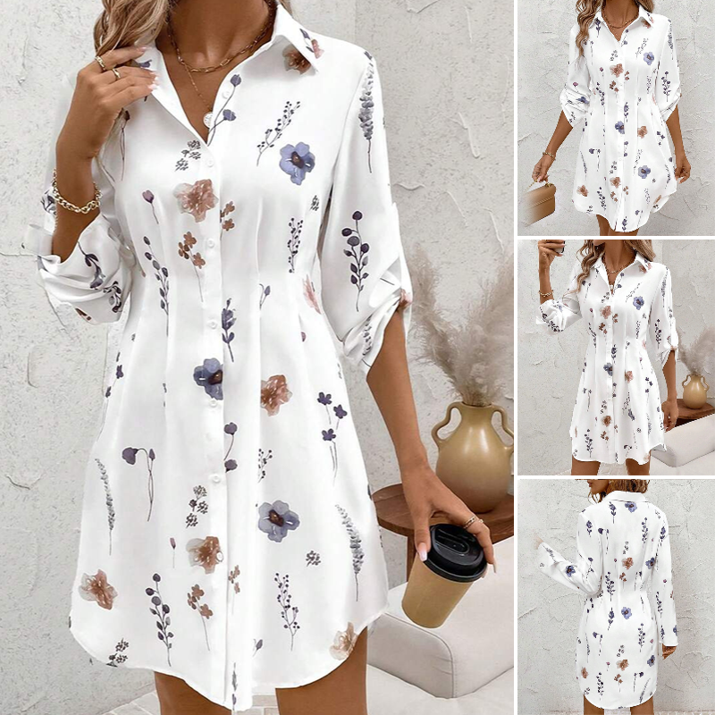 【S-XL】🌸Κομψό φόρεμα-πουκάμισο με φλοράλ στάμπα και μακριά μανίκια σε γραμμή Α-GR