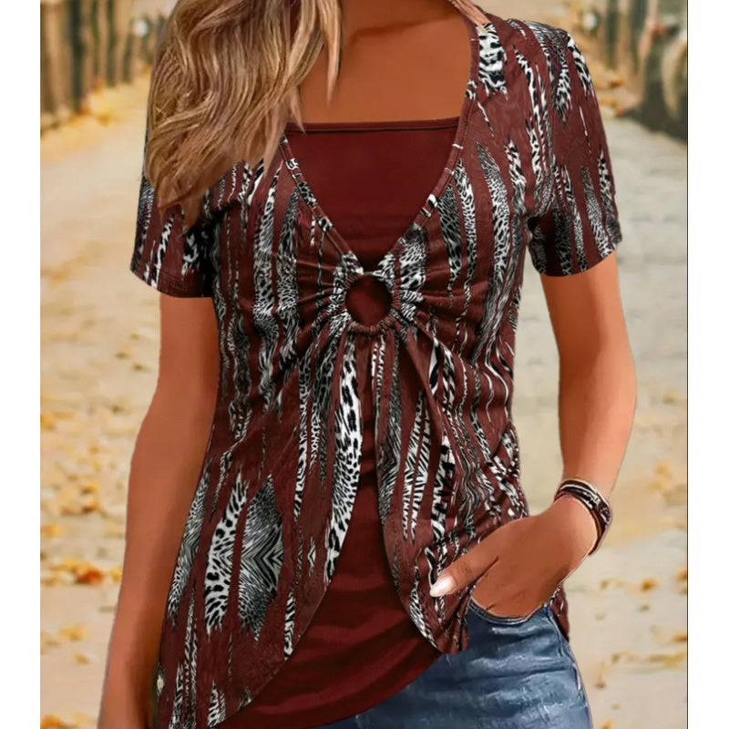 Camiseta vintage de manga corta con estampado de leopardo y cuello cuadrado para mujer-ES