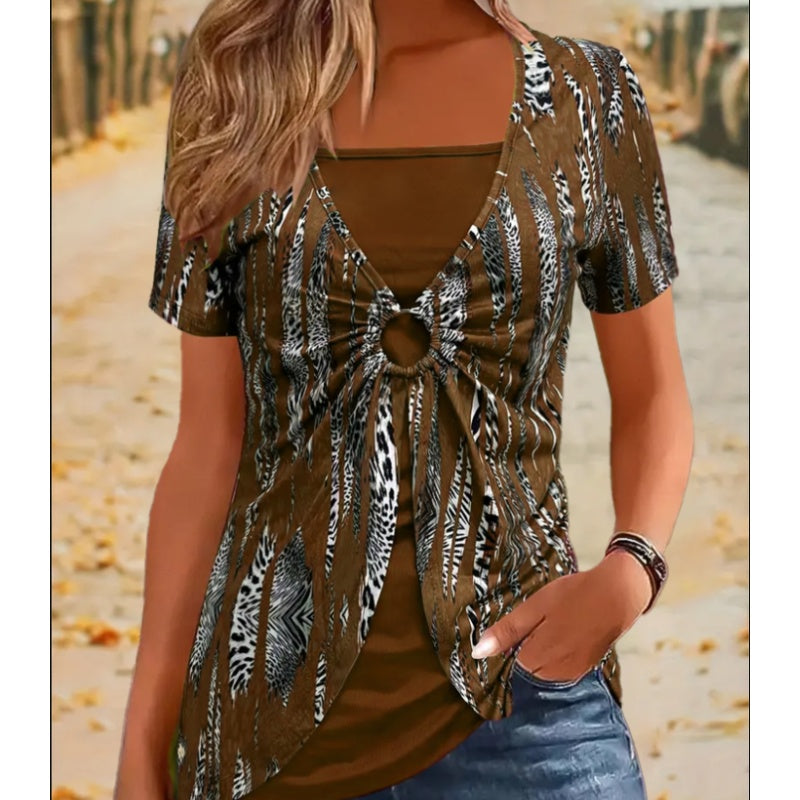 Camiseta vintage de manga corta con estampado de leopardo y cuello cuadrado para mujer-ES